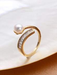 1pc 18K Gold Plated Natural Pearl & Cubic Zirconia Adjustable Ring For Women