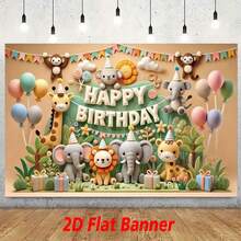 2D flaches Banner, 1 Stück Dschungel-Tier-Themen Geburtstags-Party Hintergrund - strapazierfähiger Vinyl Fotohintergrund für drinnen & Outdoor, ohne Strombedarf, Wald Geburtstags Festival Garten Party