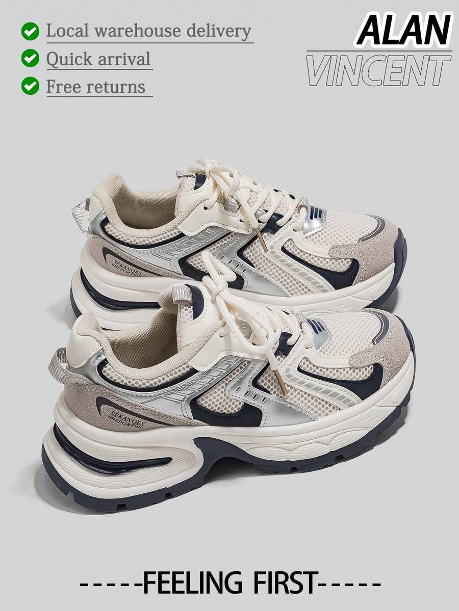 Alan Vincent[Free Returns And Exchanges][Local Delivery][Quick Arrival][City Sneaker Series]Women's Sneakers New Thick Soled Height-Increasing Women's Beige And Blue Shoes Fashionable And Comfortable Soft Shoes Can Be Paired With Various Pants And Clothes Outdoor Sports Shoes Street Style Box Packaging - Màu be - Xem 1