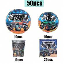10/20/50 piezas, Juego de vajilla de cumpleaños de Monster Truck que incluye platos de papel, vasos y servilletas, platos desechables redondos de coches todoterreno, vajilla desechable de coches de carreras, platos con tema de camiones para fiestas de niños, pañuelos, vasos para decoraciones y suministros de fiestas de coches para niños