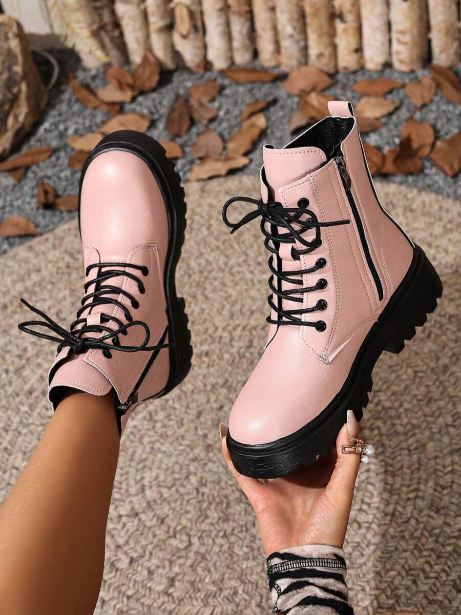 2025冬季新款女鞋，保暖冬靴，时尚百搭休闲女鞋，真皮踝靴，黑白系带侧拉链踝靴，平底女靴，女士踝靴，时尚女靴 - 粉色 - 查看 1