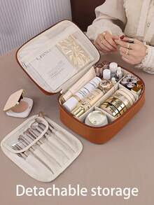 多功能旅行收纳包,PU皮革防水化妆包,大容量宽敞双层化妆包,化妆品收纳包,轻便洗漱用品化妆包,大容量带隔层的洗漱用品包,化妆品旅行包,旅行必需品,邮轮必需品,宿舍必需品 - 彩色 - 查看 4