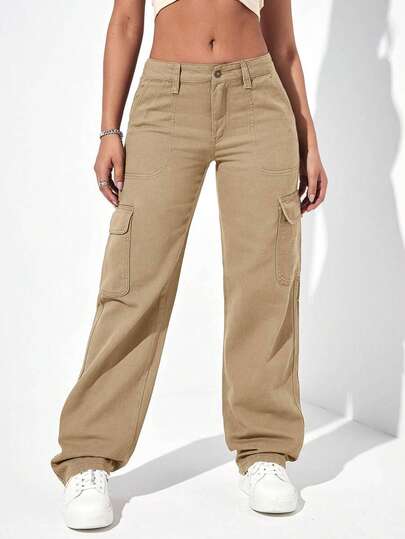 Khaki "Utility Pocket Mania" High Waist Wide Leg Casual Pants