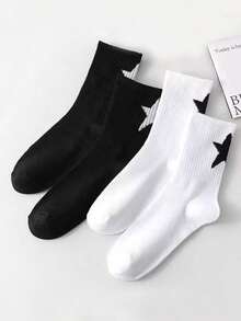 2 Pares de Meias Femininas Cano Médio com Padrão de Pentagrama Preto e Branco, Adequadas para Esportes e Uso Casual