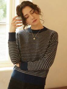 Knit Mix Allover Pattern Drop Shoulder Jumper - Navy Blue - View 7
