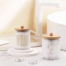 4pcs Organizador de Bao con Tapa de Bamb, Recipiente Transparente de 10oz para Hisopos de Algodn, Bolas de Maquillaje, Hilo Dental y de Bao, etc. Adecuado para Bao, Dormitorio, etc. - transparente - Ver 3