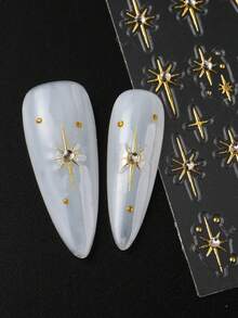 2 pezzi Adesivi per unghie con stelle francesi dorate e argentate, con strass, decorazioni per unghie 5D in metallo lucido a forma di stella, charms per unghie glitterati in stile Y2K, decorazioni fai-da-te per manicure