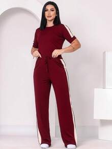 Women's Basic Pants And Blouse Set With Stripes On The Side - 紅木色 - 查看 1