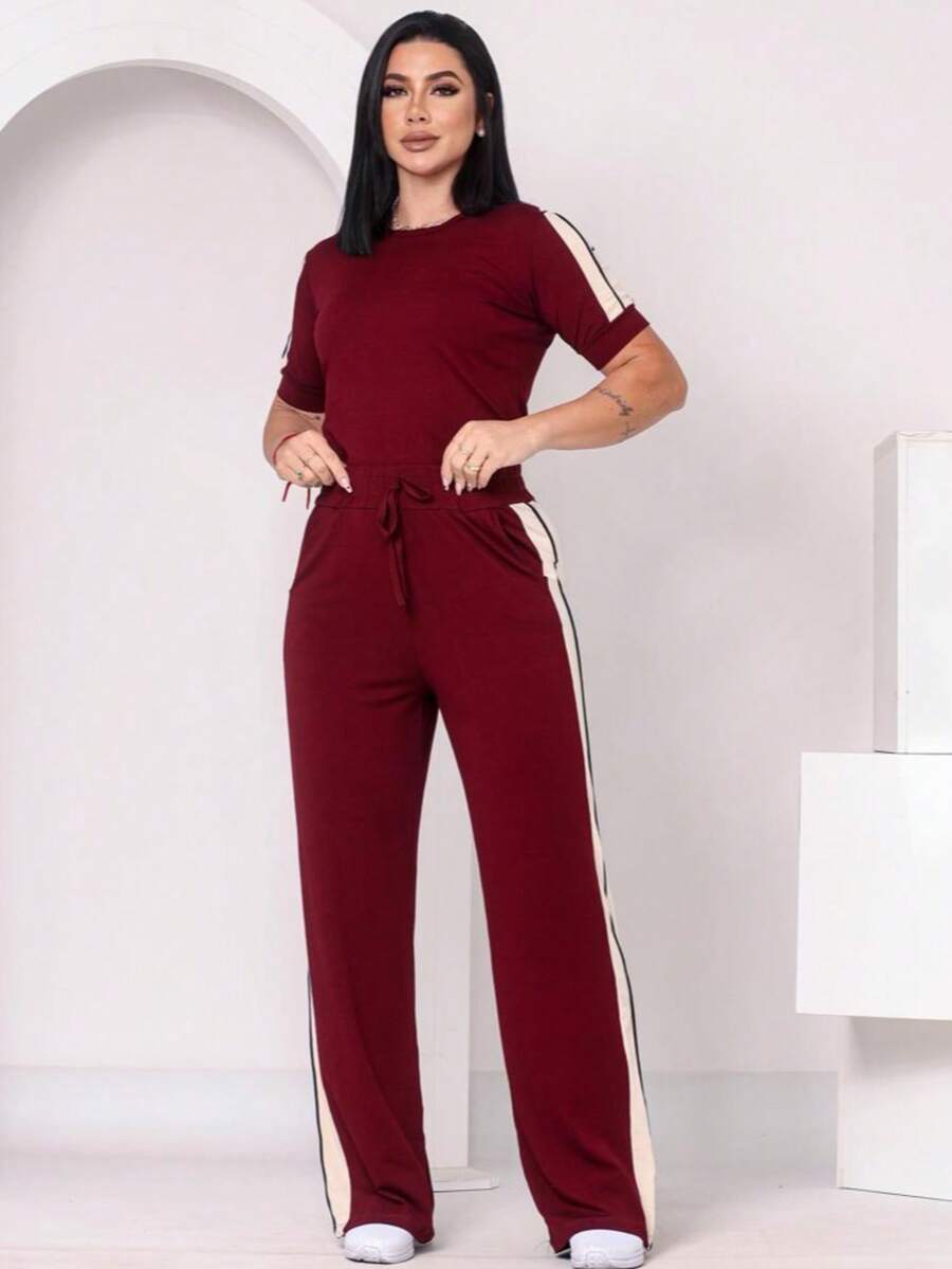 Women's Basic Pants And Blouse Set With Stripes On The Side - 紅木色 - 查看 1