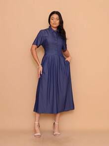 Helena Luxury Chambray Midi Dress, Imitation Jeans, With Buttons, Short Sleeves - 深色水洗藍 - 查看 1