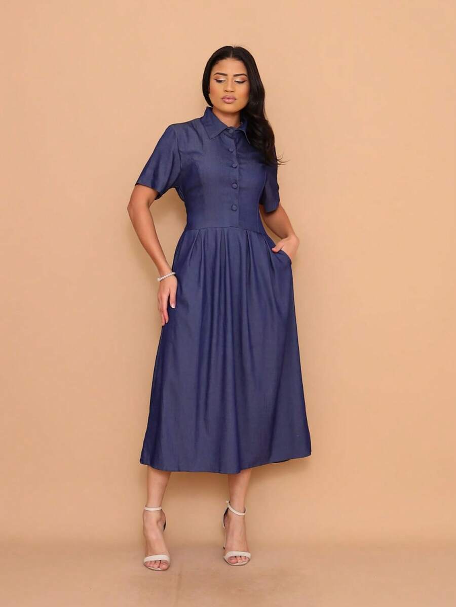 Helena Luxury Chambray Midi Dress, Imitation Jeans, With Buttons, Short Sleeves - 深色水洗藍 - 查看 1