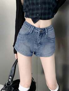 Y2K Solid Color Pocket Casual Versatile Straight Leg Denim Shorts Summer - Light Wash - View 4