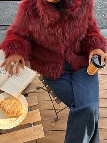 Nuevo abrigo de mujer casual de imitación de piel de borrego elegante y de alta gama en color burdeos para otoño e invierno, con mangas largas, cuello alto, de corte holgado y estilo suelto, ideal para salidas nocturnas, fiestas, citas, campo, regreso a casa, casual, vacaciones, Año Nuevo y talla grande.