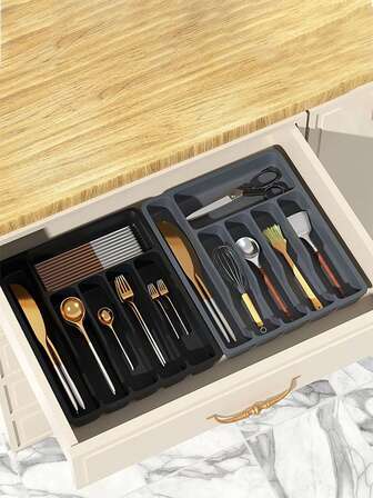 1 pieza Caja organizadora de cubiertos, Caja de almacenamiento de cubiertos, Bandeja de almacenamiento para cajón de cocina, Material de plástico PP, Adecuado para encimera de cocina, Almacenamiento en cajón de gabinete, Compartimentos para cubiertos, utensilios, palillos