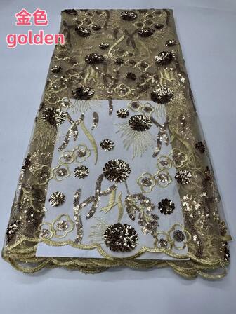 2025 新款时尚高品质蓝色/金色亮片花卉刺绣蕾丝花边网眼面料，1 码/5 码，适合女装，手工缝纫，薄网眼蕾丝面料，适用于非洲/尼日利亚/法国黑色/银色女士婚礼、派对、晚礼服制作、家居 DIY 装饰面料