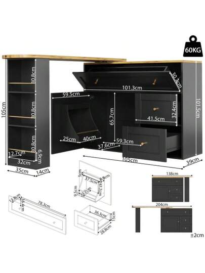 Extendable Bar Tafel Storage Space (138 204*39*105cm), Kitchen Cabinet, Sideboard Snack Shelf, Telescopic Table, High Bistro Isl Zwart view 2