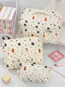 1 pieza Bolsa de maquillaje acolchada con muñeco de nieve beige para el Día de Navidad, bolsa de cosméticos con gran capacidad y cremallera, esencial para viajes y vacaciones, para toallas sanitarias, almohadillas, llaves, auriculares con cable, cargador, lápices labiales, cosméticos, perfume, organizador de brochas de maquillaje, para productos de cuidado de la piel y belleza, para mujeres, estudiantes, niñas escolares, regalo de Navidad, regalo de Año Nuevo - Beis - Ver 1