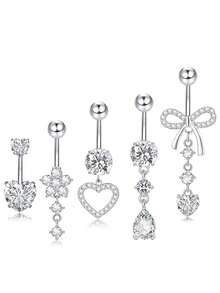 4/5/8/10pcs Body Jewelry Set, Cubic Zirconia Flower, Butterfly & Heart Decor 14G Stainless Steel Navel Piercing Rings, Suitable For Daily, Party, Holiday Gift, Beach