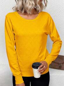 Suéter blusa tejida dama mujer playera casual calientito ajustado cuello redondo manga larga otoño invierno diario oficina elegante brillos imitación diamantes estampado rombos día noche - Amarillo - Ver 3