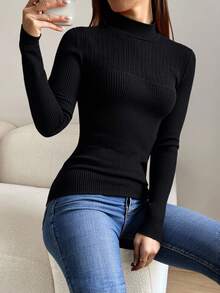 Blusa térmica dama mujer estilo moderno tejido color sólido ajustada cuello alto manga larga otoño invierno oficina versátil elegante casual cómodo suave calientito - Negro - Ver 1