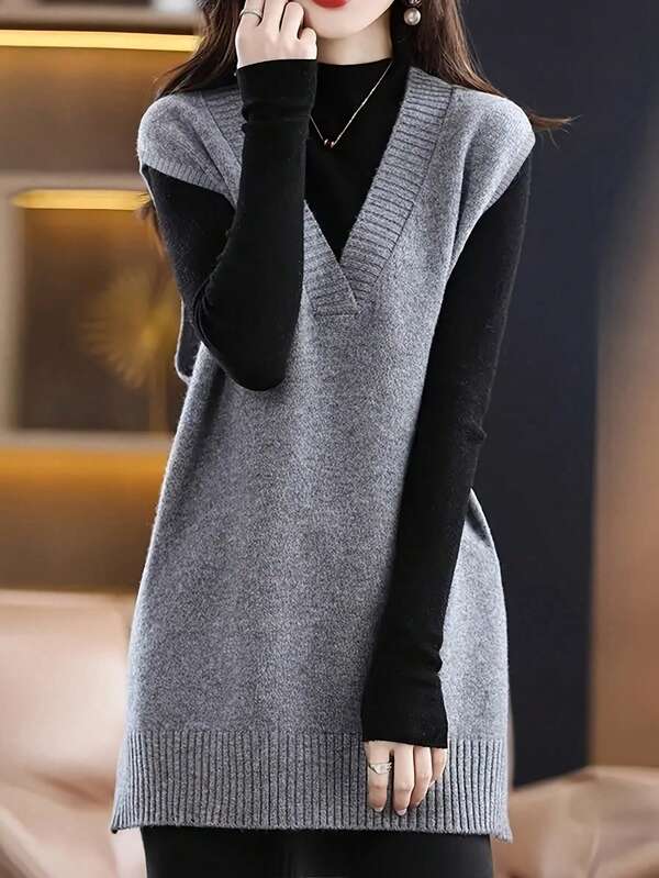 Minimalist V-Neck Sleeveless Pullover Solid Color Retro Elegant Women Grey Knit Sweater Vest, Autumn/Winter