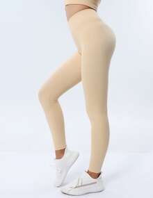 NcmRyu 1pc  Solid Color Women S High Waist Yoga Pants Medium Stretch Long Length Elastic Waist Skinny Fit Knit Fabric With Elastic Waist For All Seasons Sports Leggings  Comfortable Activewear For Fitness Gym Running And Outdoor Activities - 米色 - 查看 1