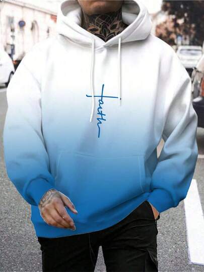Sudadera casual con capucha, cordón y estampado de letras en degradado azul y blanco de manga larga para hombre, otoño