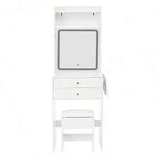 Kleiner Schminktisch mit verstellbarer -Beleuchtung und – inkl. 1 Hocker, 2 Schubladen, zwei offenen Fächern und Stauraum mit 25 cm klappbarer Tischplatte. Farbe: Weiß. Maße (B*H*T) 75 * 156 * 45 cm