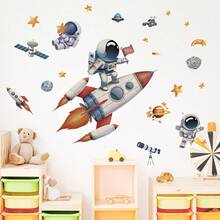 Cartoon Astronaut Rocket Wall Stickers For Kids Room Kindergarten Decor Telescope Star Stickers - Multicolor - View 1