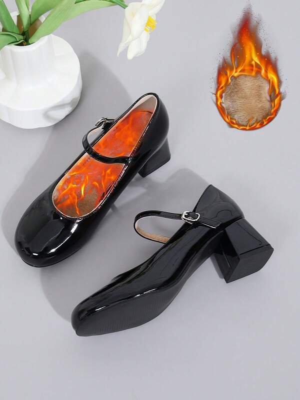 Shiny Patent Leather Thick Heel Round Toe Red High Heels For Women, Fashionable Ankle Strap Mary Jane Shoes For Party And Outdoor, Comfortable And Warm, Fluffy Lining, Bohemian Style Black High Heels Runs One Size Large - Size Down For Perfect Fit
