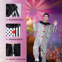 Disfraz de payaso mono negro y blanco para Halloween, elementos de puntos y rayas para juego de roles de terror