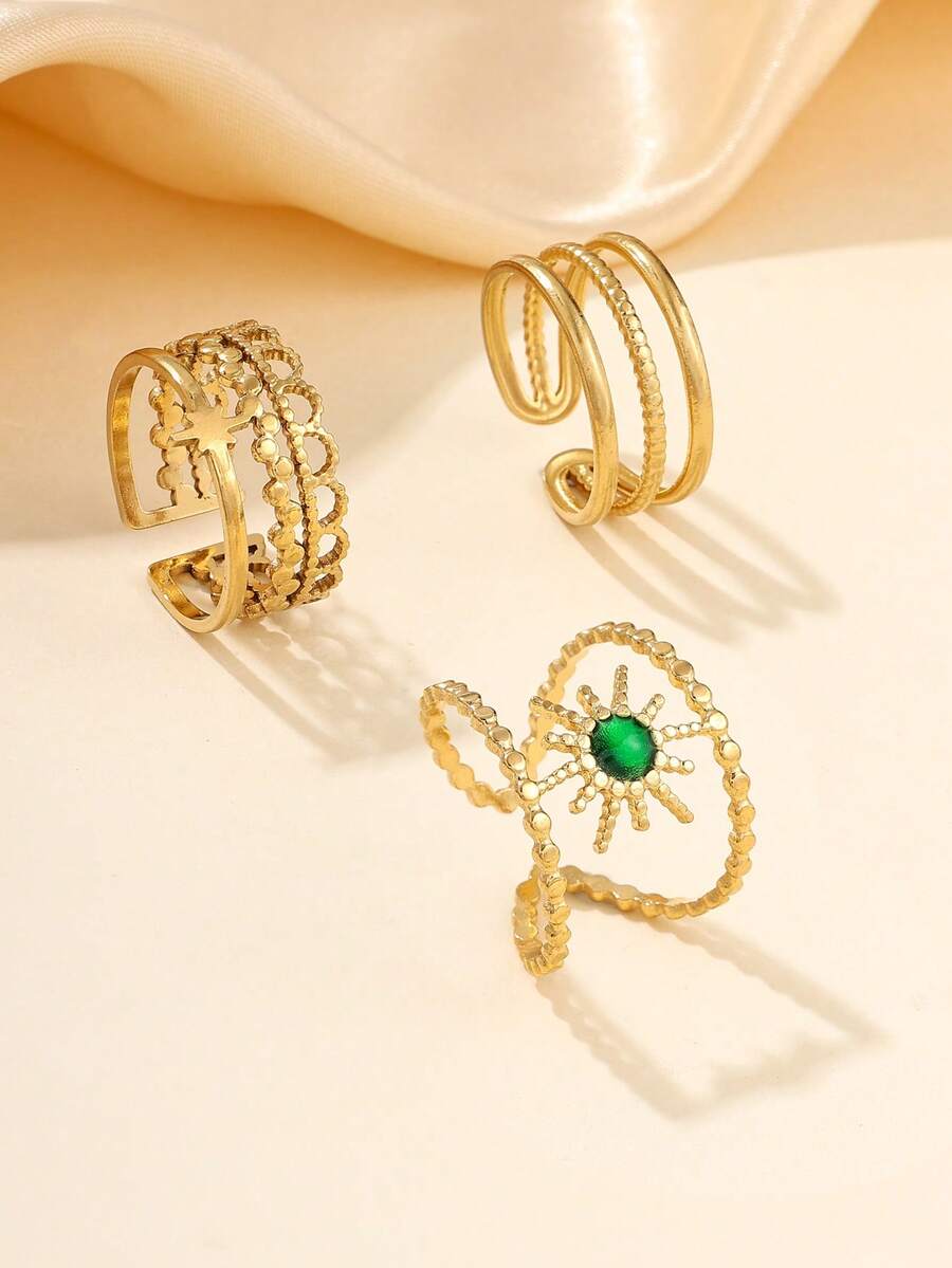 Bộ 3 chiếc nhẫn nữ đơn giản hình lá lúa mì bằng thép không gỉ màu vàng. - Vàng - Xem 1
