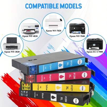 4 Pack Epsons 812XL Ink Cartridge For Epsons Workforce Pro WF-7840 WF-7820 WF-7310 EC-C7000 Printers, 1Black, 1Cyan, 1Yellow, 1Magenta