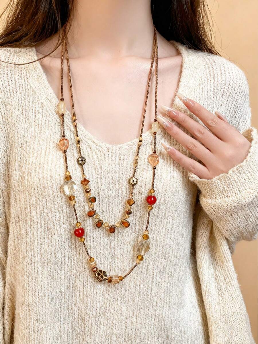 1 件优雅复古百搭双层水滴花串珠项链,适合女性在海滩、派对、度假时佩戴 - 彩色 - 查看 1