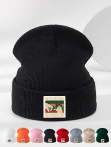 1pc Unisex Autumn/Winter Outdoor Casual Fashion Elastic Soft Comfortable Knit Beanie Hat With CAT Logo Print, Versatile For Daily Wear - A - View 1