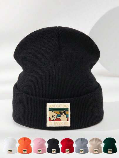 1pc Unisex Autumn/Winter Outdoor Casual Fashion Elastic Soft Comfortable Knit Beanie Hat With CAT Logo Print, Versatile For Daily Wear