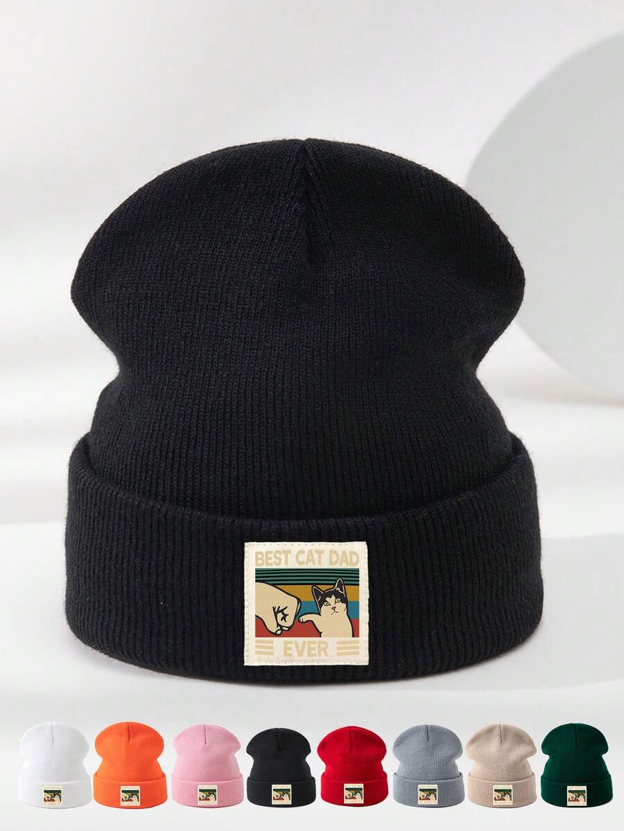 1pc Unisex Autumn/Winter Outdoor Casual Fashion Elastic Soft Comfortable Knit Beanie Hat With CAT Logo Print, Versatile For Daily Wear - A - View 1