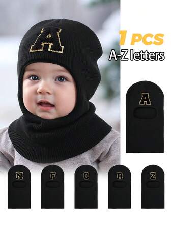 1 szt. dzianinowa czapka kominiarka dla niemowląt z literą A-Z, ciepła, zakrywająca całą twarz na zimę