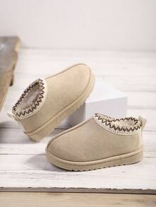 1 Pair Beige Toddler & Kids Short Boots, Solid Color Knitted Collar, Fashion Warm Plush Lined, Slip-On Snow Boots For Boys & Girls Aged 3-15, Suitable For Daily Casual, Outdoor Sports, Indoor & Outdoor Wear, Skiing, Ice Skating, Parties, New Autumn/Winter 2025 Collection - Beige - View 7