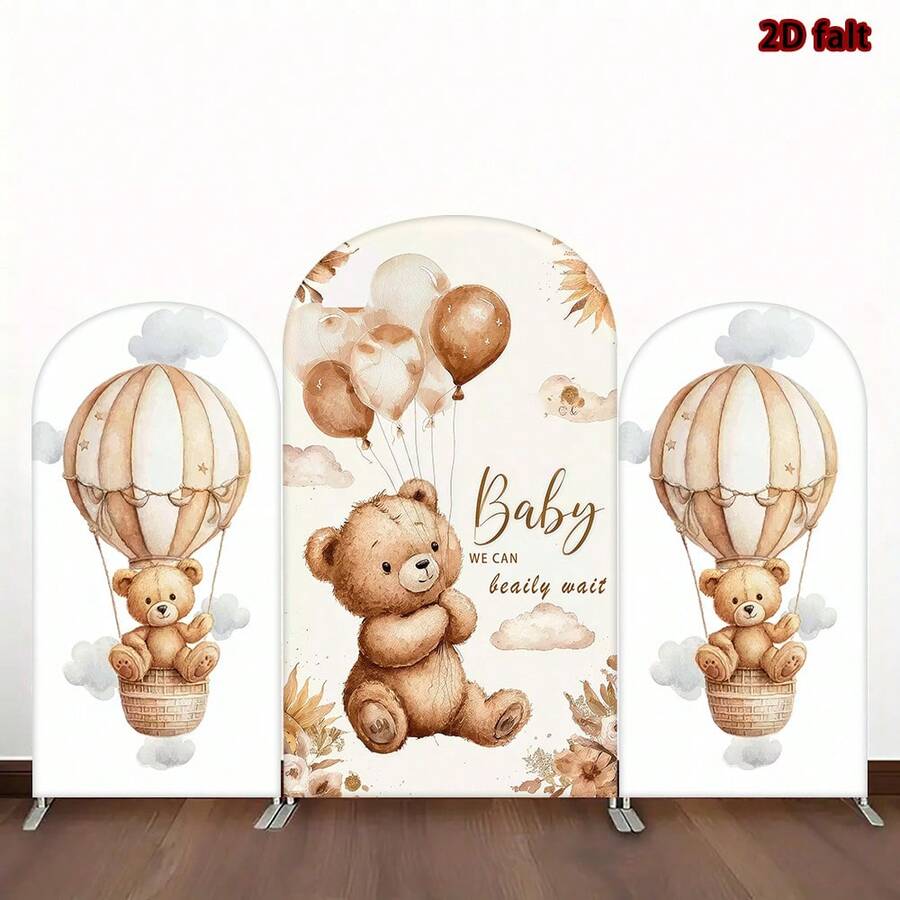 1件/65件 2D平面泰迪熊拱形背景布，气球天空云朵棕熊男孩婴儿派对装饰，婴儿肖像涤纶弹性背景布（不含支架） - 多色-05 - 查看 1