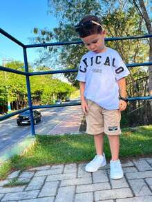 Boys' Clothing Set Brown Striped T-Shirt And Light Bermuda Shorts For Everyday Wear 2 To 12 Years - 白色和米色 - 查看 5