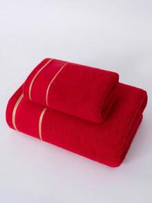 1pc/2pcs Modern Minimalist Fashion Line Pattern Towel & Bath Towel, Non-Shedding, Highly Absorbent, Super Soft, Durable Bathroom Accessories, Best Gift For Partner. Towel Size: 40*75cm, Bath Towel Size: 70*140cm - Red - View 6