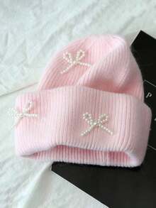 1 件休闲女士针织帽兔毛帽子女士秋冬季双层折叠加厚套头帽女孩 Skullies 无檐便帽 - 兔毛針織保暖帽 - 查看 14