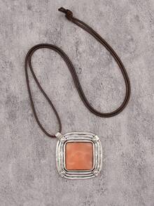 1 pieza Collar colgante cuadrado de aleación minimalista y elegante, collar largo de cuerda de cera turquesa y marrón, regalo para novio/novia