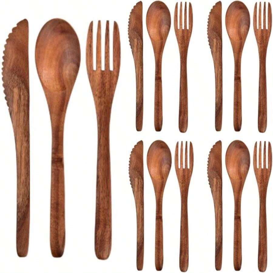 Geiserailie 12 Pcs Wooden Utensils For Eating Wooden Spoon Fork Knife Cutlery Set Kitchen Wood Dinner Flatware Tableware Set Includes Spoon, Fork, Knife (Teak Wood) - ColorC - 查看 1