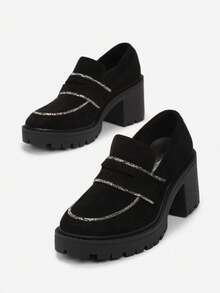 柔软仿麂皮粗跟乐福鞋 女式休闲秋冬款