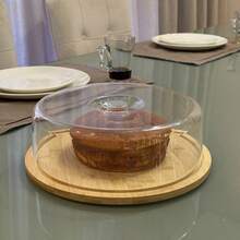 Boleira Bambu Com Tampa Em Acrílico Porta Bolo Para Bolo Torta Pudim Queijo 28cm