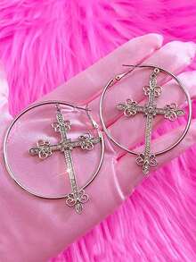 1 Pair Retro Alloy Gothic Cross Crystal Decor Hoop Earrings, Women Fashionable Earrings For Holidays And Daily Wear - 彩色 - 查看 1