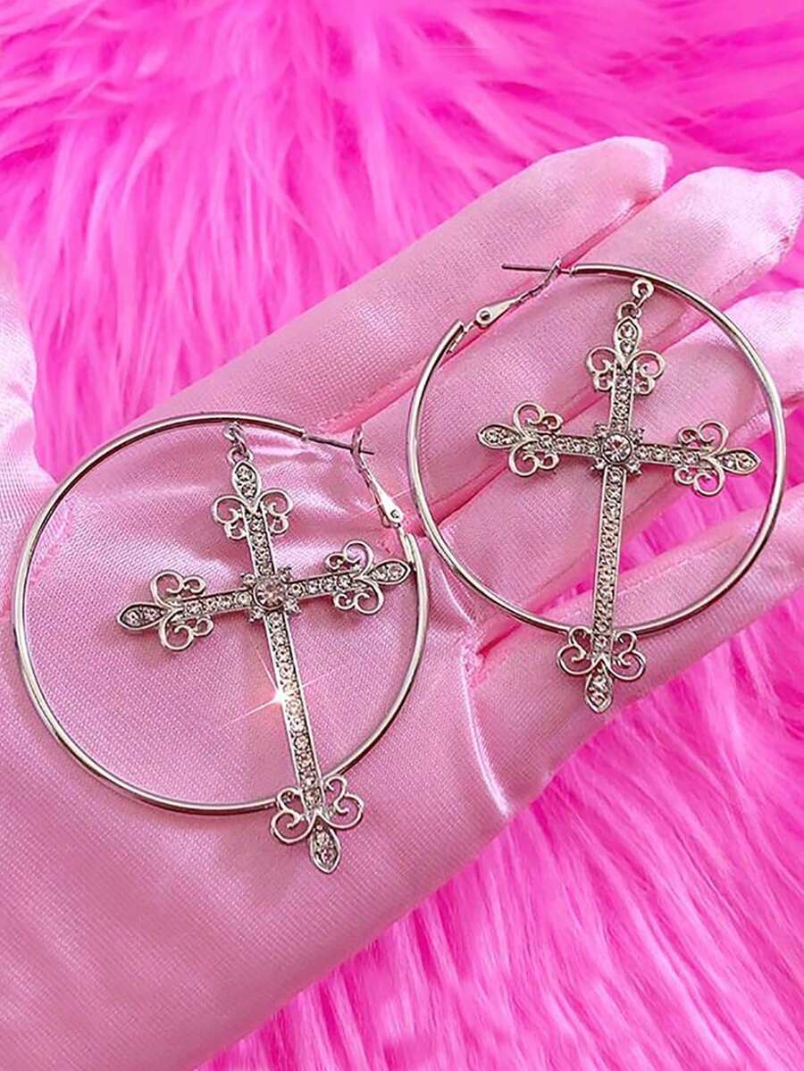 1 Pair Retro Alloy Gothic Cross Crystal Decor Hoop Earrings, Women Fashionable Earrings For Holidays And Daily Wear - 彩色 - 查看 1