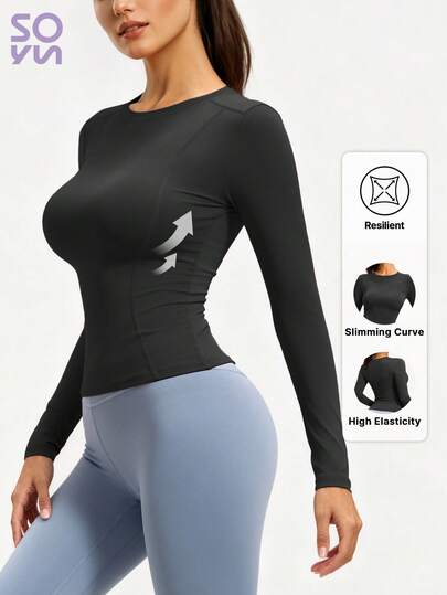Soyun Parte superior de yoga de manga larga, cuello redondo y ajustada para uso casual, entrenamiento de fitness y correr. Primavera